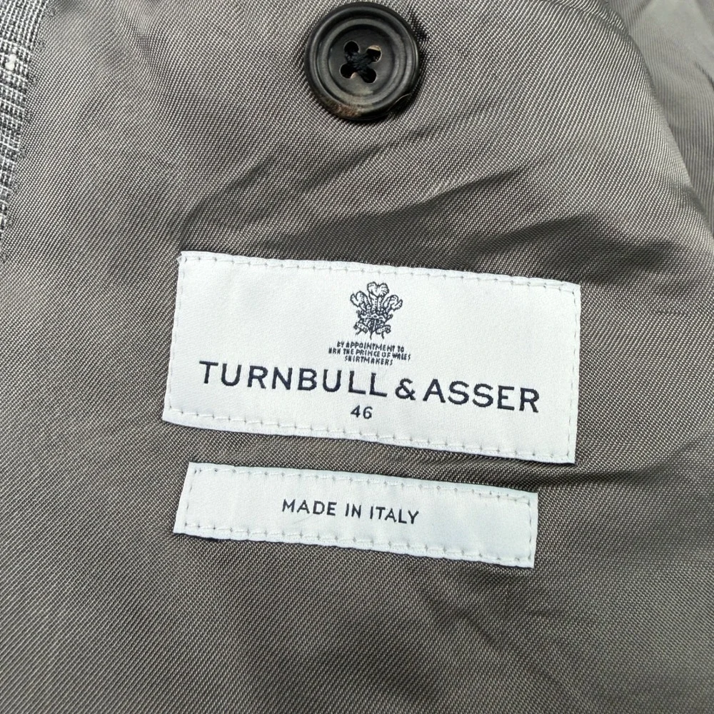 Turnbull & Asser Mens 44R Sport Coat Gray Blue Linen Wool Silk Plaid‎ Made Italy